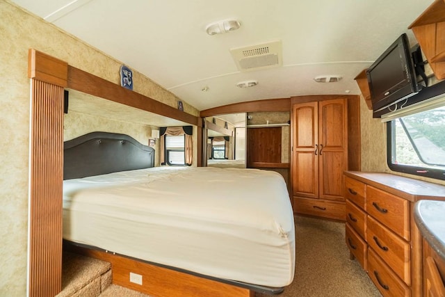 carpeted bedroom featuring vaulted ceiling