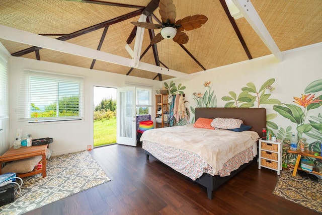 bedroom featuring ceiling fan, lofted ceiling with beams, dark wood-type flooring, and access to outside