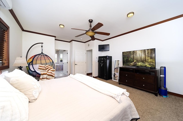 carpeted bedroom with ceiling fan, a wall mounted air conditioner, and ornamental molding