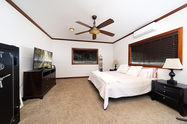 carpeted bedroom with a wall mounted AC, ceiling fan, and ornamental molding