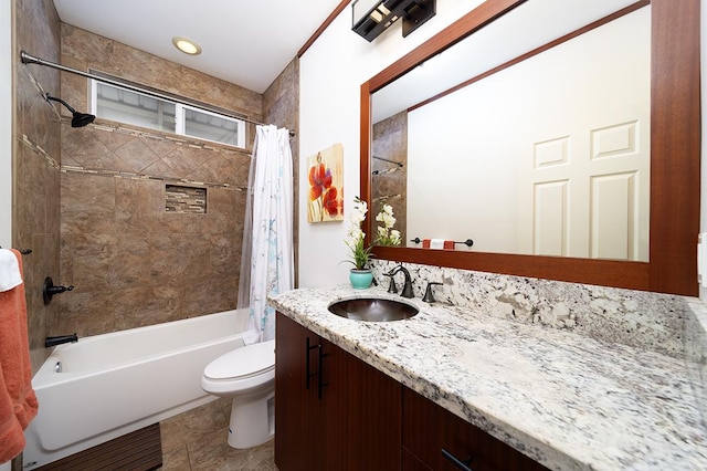 full bathroom with tile patterned floors, vanity, toilet, and shower / bathtub combination with curtain