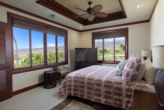 bedroom featuring carpet flooring, ceiling fan, and ornamental molding