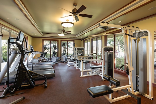 gym with ceiling fan, a wealth of natural light, and a tray ceiling