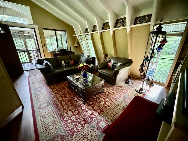 interior space with hardwood / wood-style floors and lofted ceiling