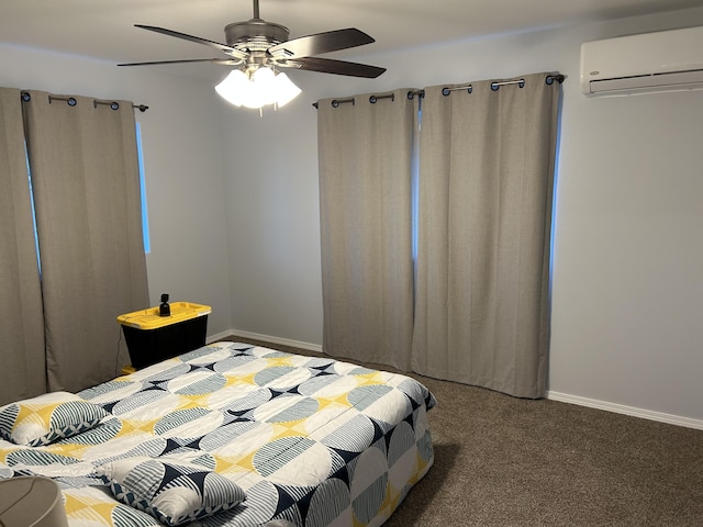 carpeted bedroom with a wall mounted AC and ceiling fan