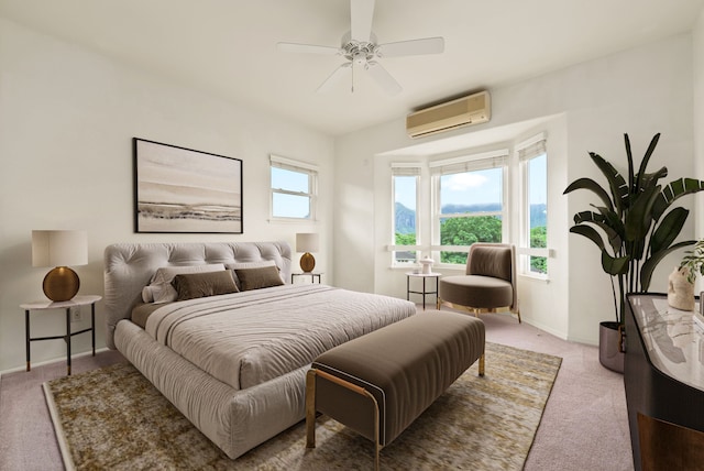 bedroom featuring ceiling fan, light colored carpet, and an AC wall unit