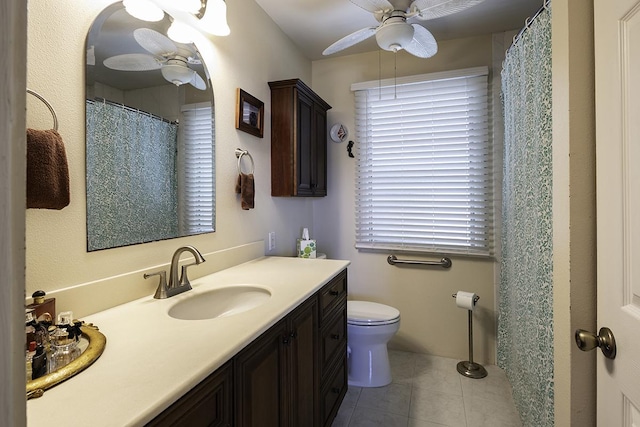 bathroom with tile patterned flooring, ceiling fan, toilet, and vanity