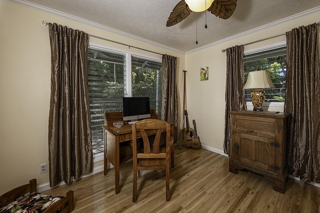 office space featuring ceiling fan, a healthy amount of sunlight, a textured ceiling, and wood-type flooring