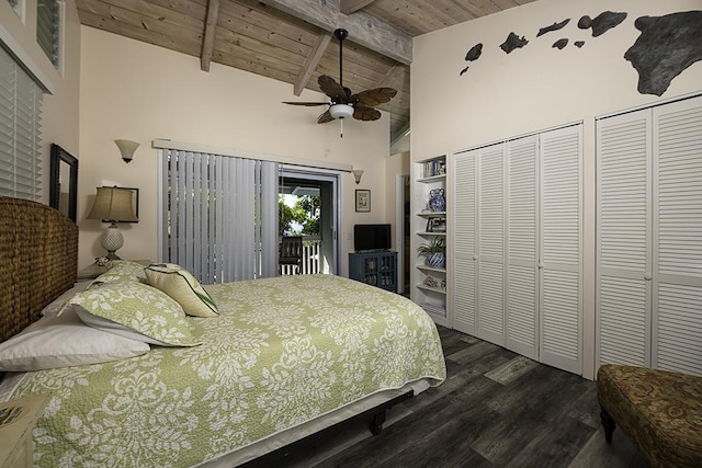 bedroom featuring access to exterior, wood ceiling, ceiling fan, dark wood-type flooring, and vaulted ceiling with beams