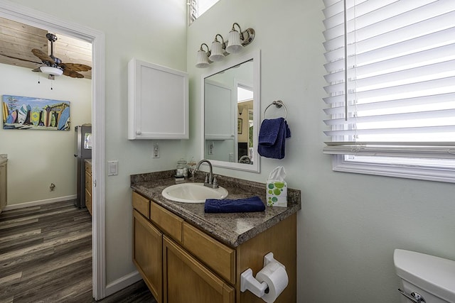 bathroom with ceiling fan, hardwood / wood-style floors, vanity, and toilet