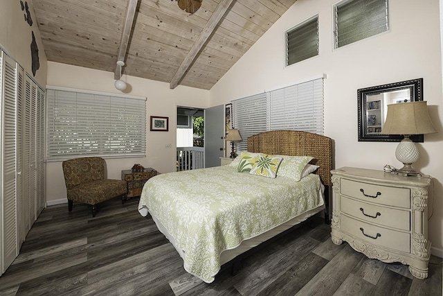 bedroom featuring a closet, dark hardwood / wood-style flooring, beamed ceiling, and wooden ceiling