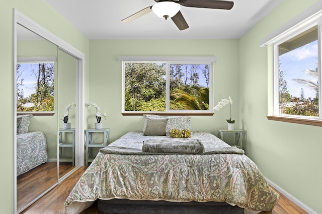 bedroom with a closet, ceiling fan, and wood-type flooring