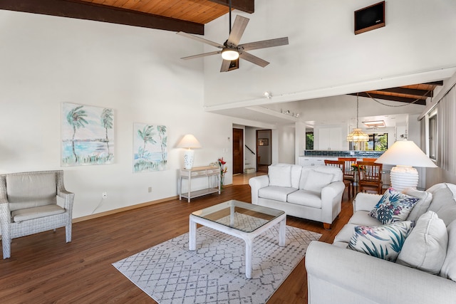 living room with wooden ceiling, dark wood-type flooring, high vaulted ceiling, ceiling fan, and beam ceiling