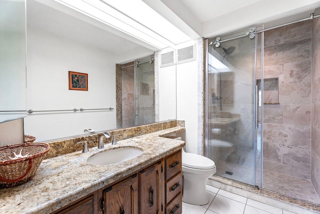 bathroom featuring tile patterned floors, vanity, toilet, and walk in shower