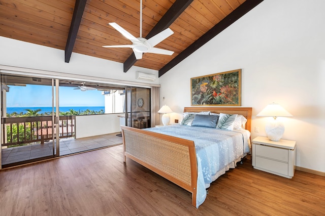 bedroom with ceiling fan, beamed ceiling, hardwood / wood-style floors, access to outside, and a water view