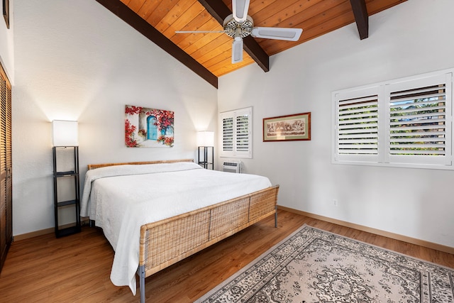 bedroom with beam ceiling, ceiling fan, wood ceiling, and hardwood / wood-style flooring