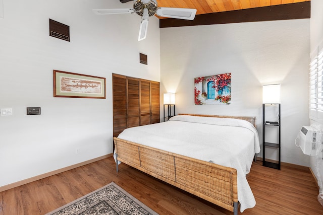 bedroom featuring hardwood / wood-style floors, a closet, ceiling fan, and wooden ceiling