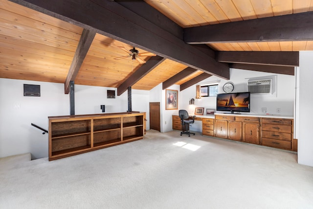 interior space with vaulted ceiling with beams, light colored carpet, wooden ceiling, and a wall unit AC