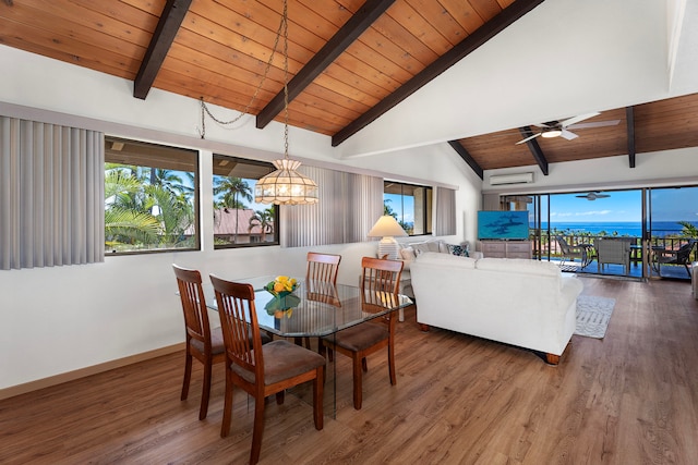 dining space with beam ceiling, wooden ceiling, an inviting chandelier, an AC wall unit, and hardwood / wood-style flooring