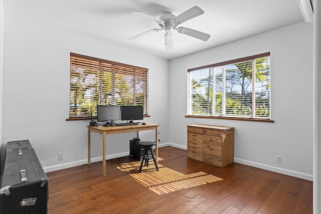 home office featuring ceiling fan and dark hardwood / wood-style flooring