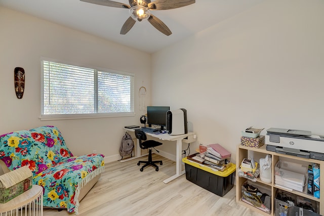 office area featuring ceiling fan and light hardwood / wood-style flooring