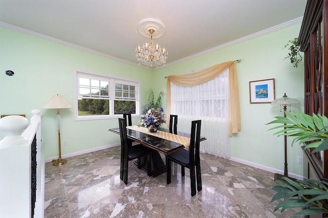 dining area featuring ornamental molding and a chandelier