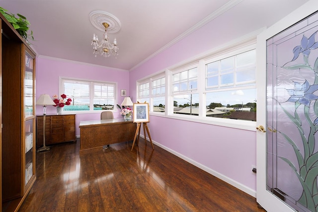 office area featuring a chandelier, dark hardwood / wood-style flooring, and crown molding