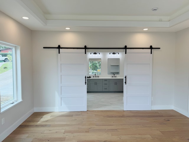 interior space with light hardwood / wood-style floors, a barn door, and sink