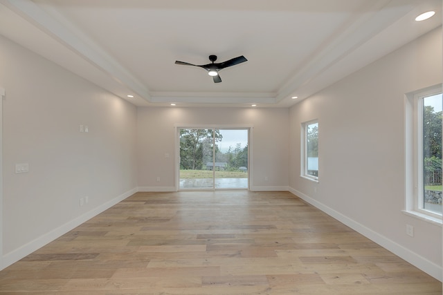 spare room with a raised ceiling, a wealth of natural light, and light wood-type flooring