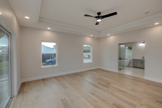 spare room with a raised ceiling, light hardwood / wood-style flooring, and ceiling fan