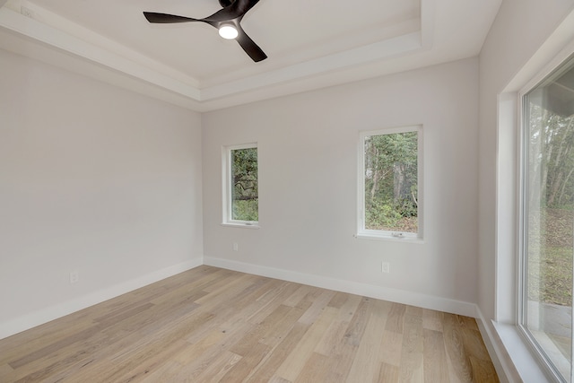 spare room featuring light wood-type flooring, a raised ceiling, and ceiling fan