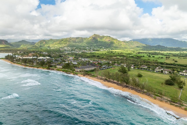 aerial view with a beach view and a water and mountain view