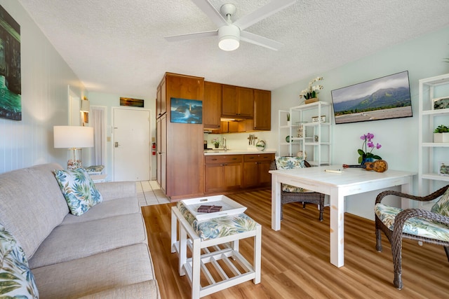 living room with ceiling fan, sink, light hardwood / wood-style floors, and a textured ceiling