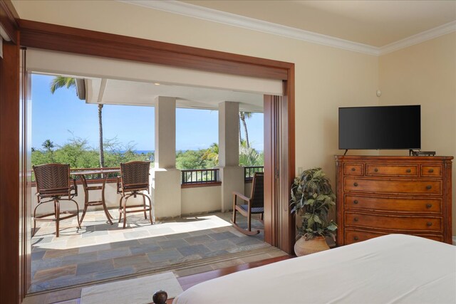 bedroom featuring multiple windows, crown molding, and hardwood / wood-style floors