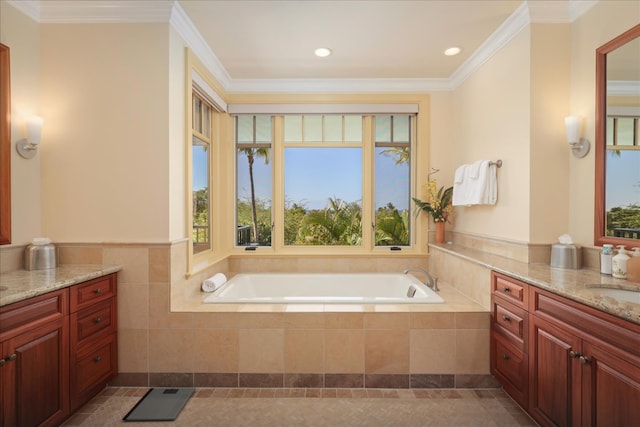 bathroom with vanity, tiled bath, tile patterned floors, and ornamental molding