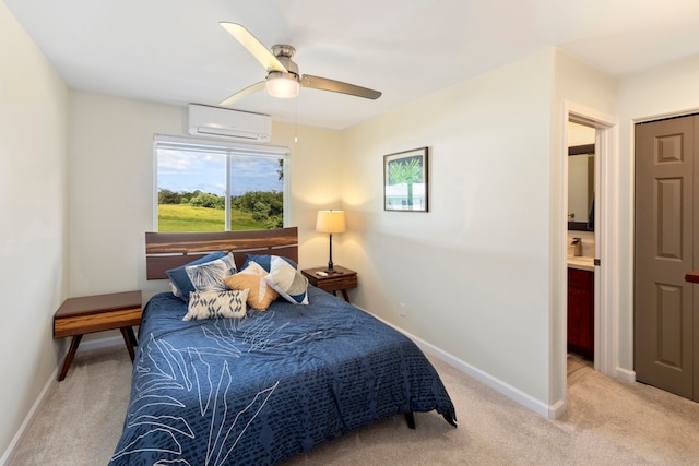 carpeted bedroom with an AC wall unit, ceiling fan, and a closet