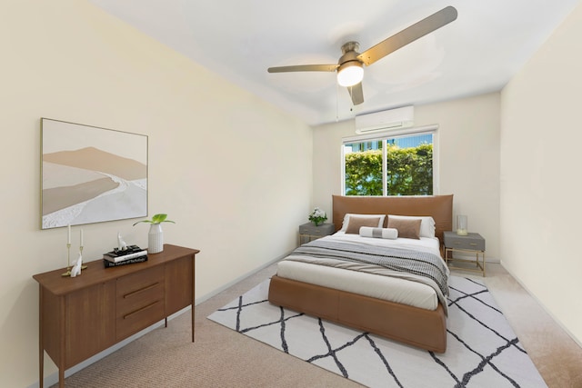 bedroom featuring a wall mounted AC, ceiling fan, and light carpet