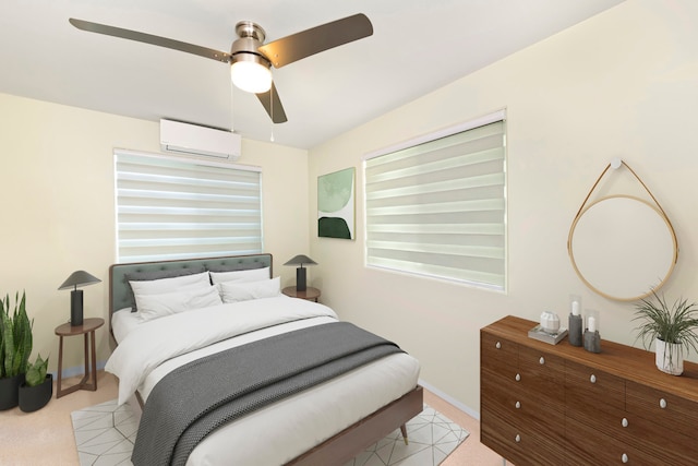 bedroom with light colored carpet, a wall mounted AC, and ceiling fan