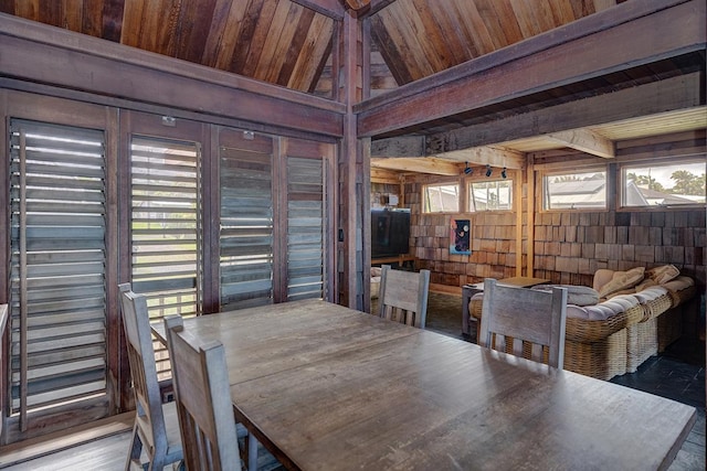 dining space featuring lofted ceiling with beams, wooden ceiling, and wood walls