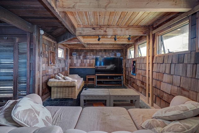 living room with wood ceiling, wooden walls, and beamed ceiling