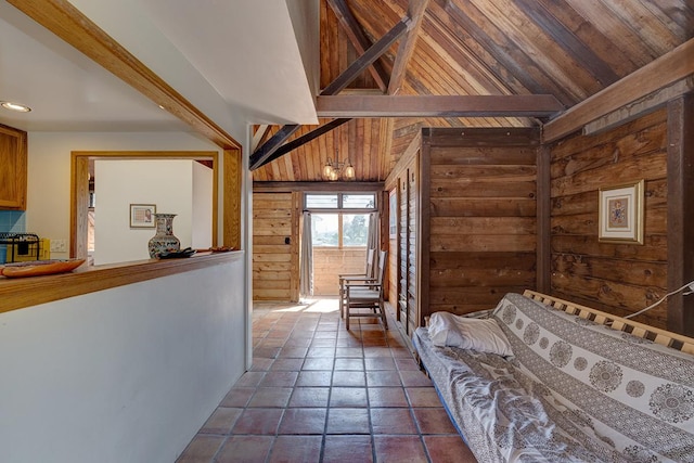 sitting room featuring recessed lighting, wood ceiling, vaulted ceiling, and wood walls