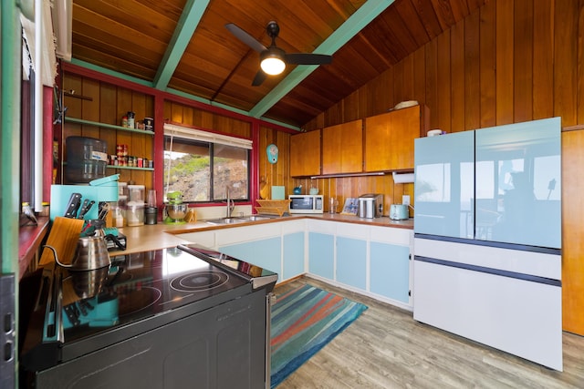 kitchen with light hardwood / wood-style floors, lofted ceiling, sink, and wooden ceiling