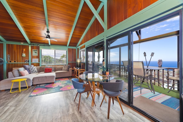 sunroom / solarium featuring ceiling fan, lofted ceiling with beams, and wooden ceiling