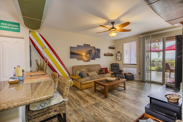 living room featuring wood-type flooring and ceiling fan