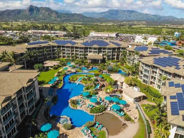 bird's eye view with a mountain view