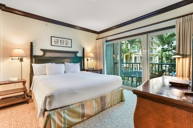 bedroom featuring carpet flooring, access to exterior, and crown molding