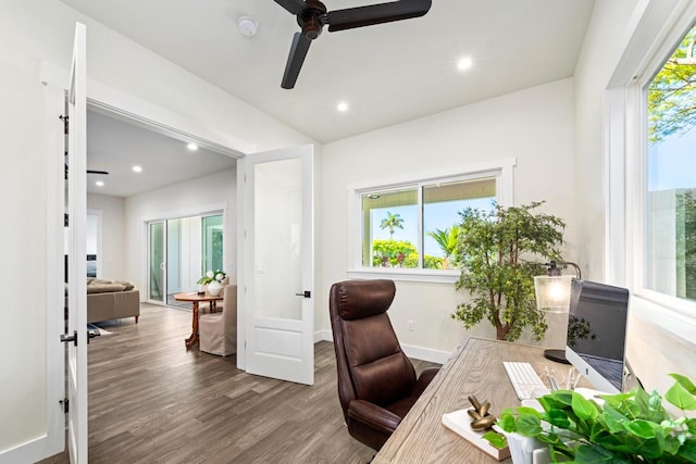 office featuring french doors, hardwood / wood-style flooring, and ceiling fan