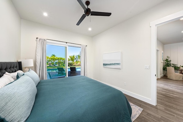 bedroom featuring hardwood / wood-style floors, ceiling fan, and access to outside