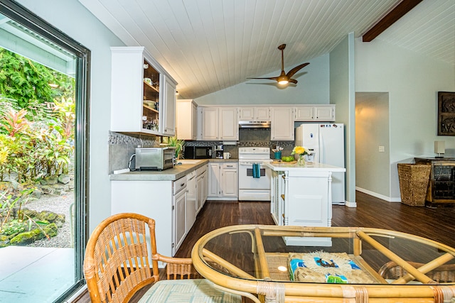 kitchen featuring tasteful backsplash, vaulted ceiling with beams, a kitchen island, and white appliances