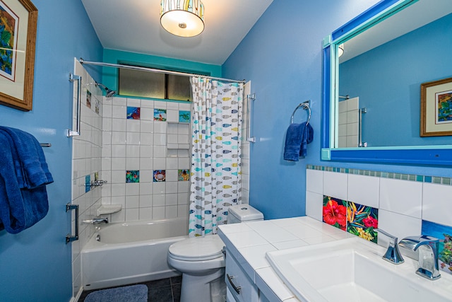 full bathroom featuring tile patterned floors, vanity, toilet, and shower / tub combo